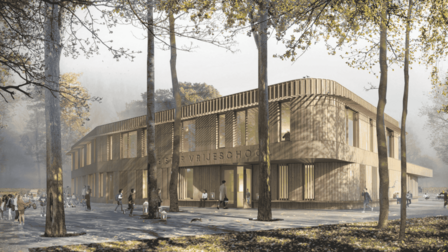 Tekening van gebouw van 2 verdiepingen met bomen ervoor