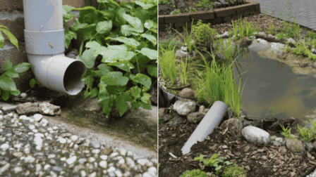 Links: een afgekoppelde regenpijp. Rechts: regenwater wordt in een vijver opgevangen.
